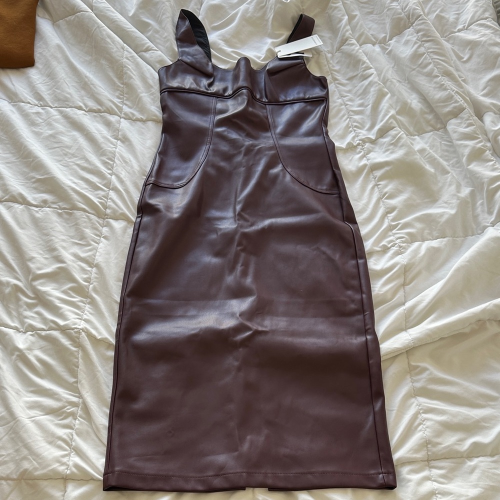 Commense Chocolate Brown Burgundy faux leather Midi Dress